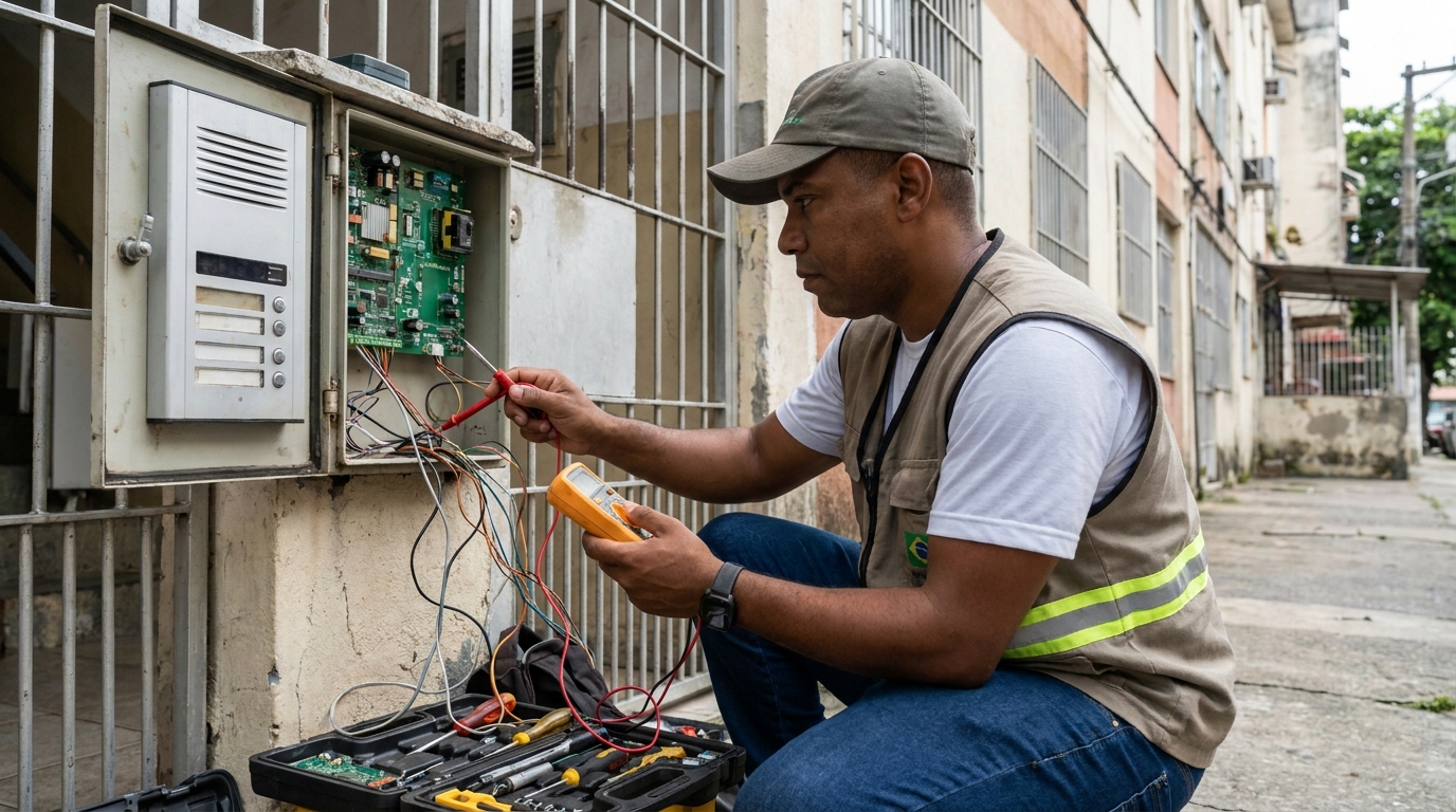 Eletricista consertando interfone em Botucatu‑SP