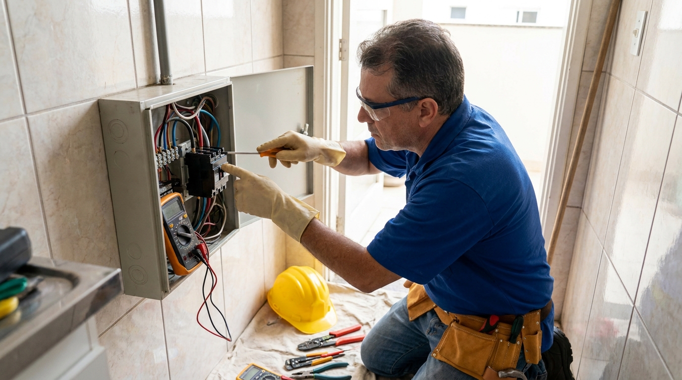Eletricista instalando disjuntor em Botucatu‑SP