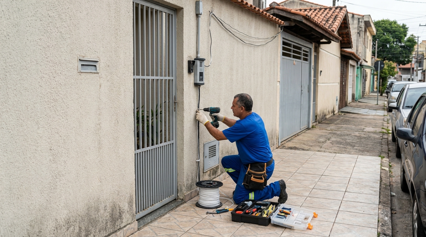 Eletricista instalando interfone em Botucatu‑SP